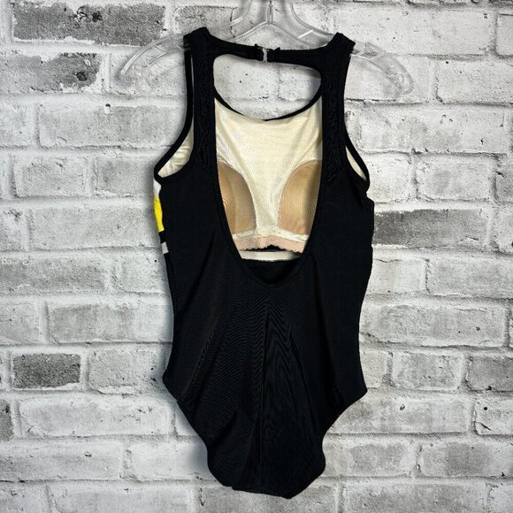 Vintage Black Yellow Colour Block High Square Neckline One Piece Swimsuit - Picture 4 of 10